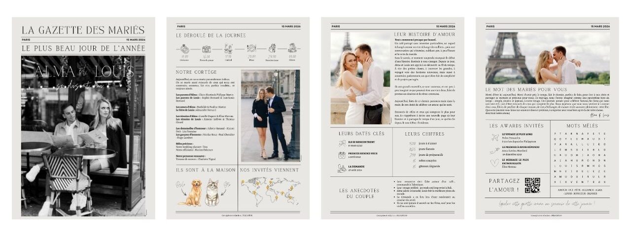 Template gazette mariage personnalisable sur Canva pour futurs mariés