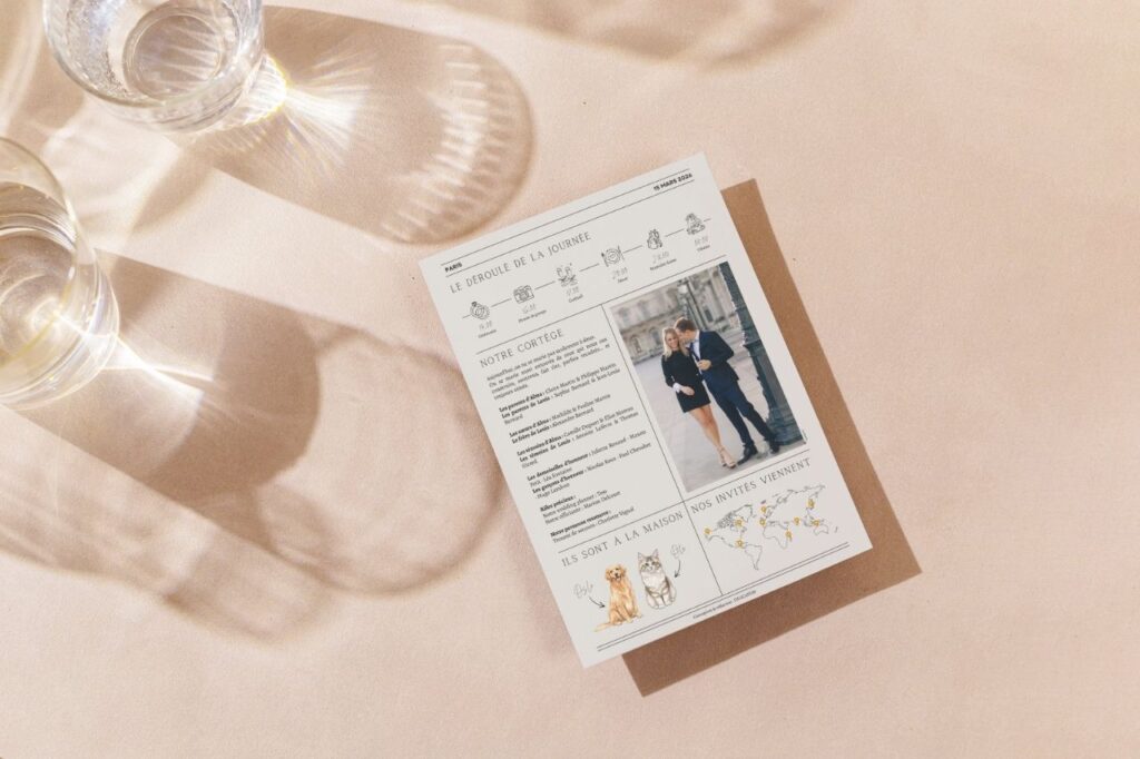 Wedding planner présentant une gazette mariage personnalisée élégante