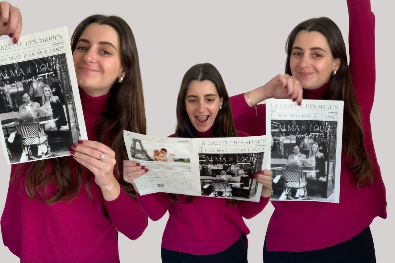 Gazette mariage personnalisée couverture avec prénoms et date des mariés